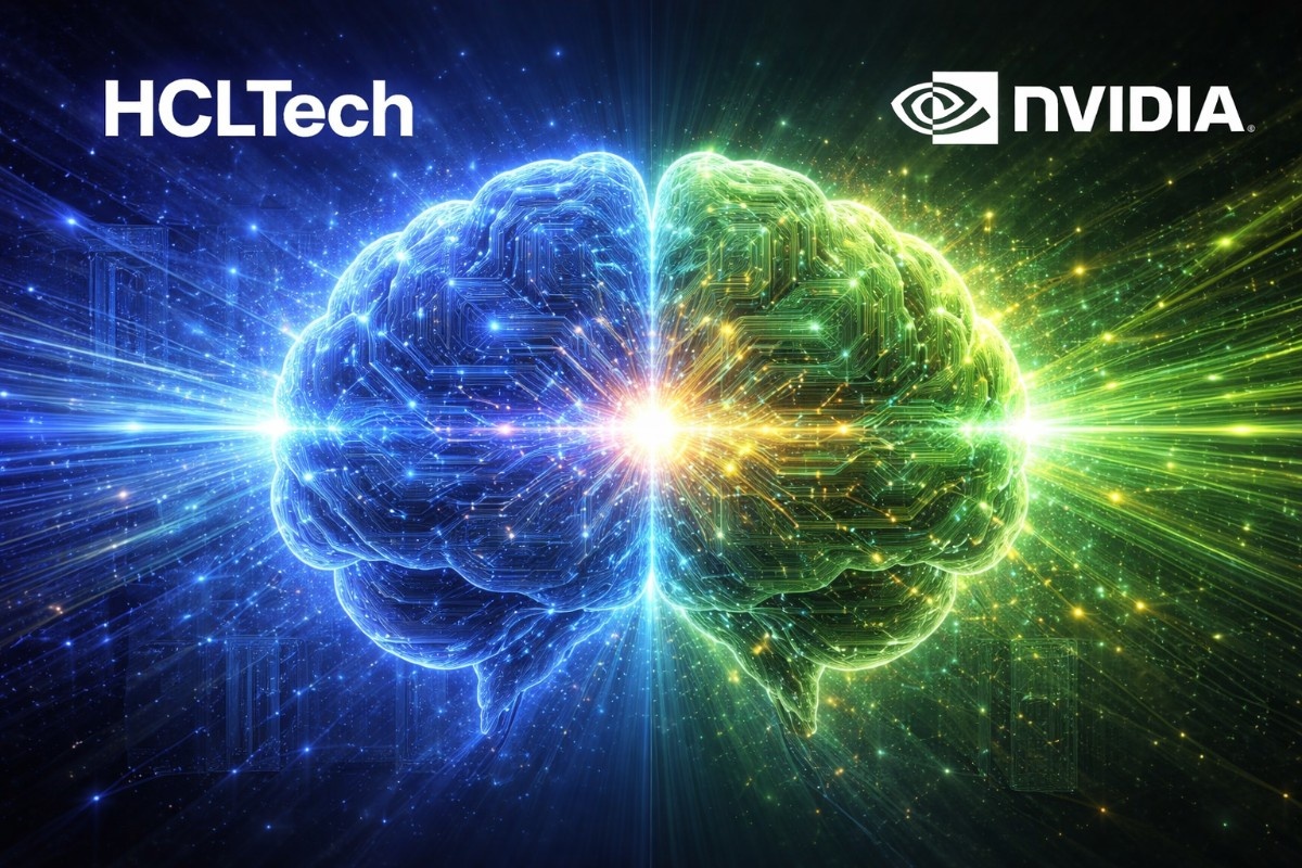 HCLTech and NVIDIA representatives announcing the VisionX 2.0 AI platform for industrial automation.