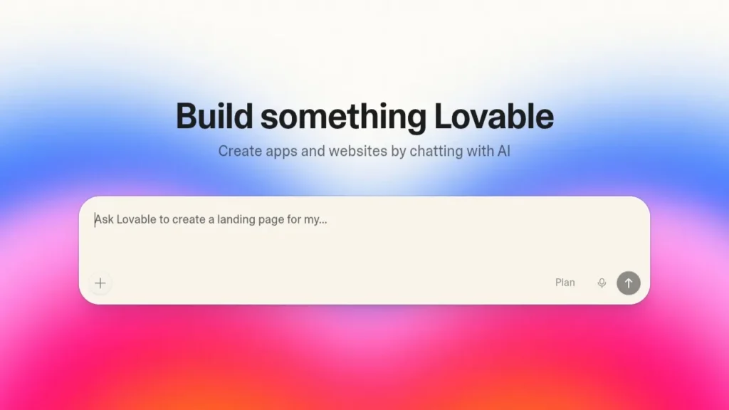 User interface of Lovable AI showing a modern website homepage being built with natural language prompts
