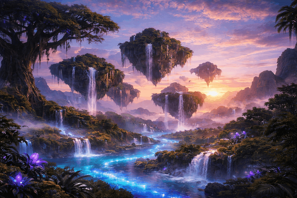 A breathtaking 8K photorealistic landscape of floating islands and bioluminescent forests inspired by Avatar movie, created by Gemini AI.