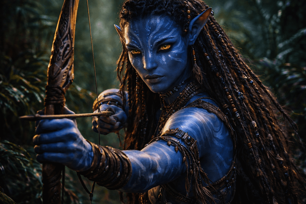A highly detailed character portrait of a Na'vi-style female warrior with blue skin and glowing eyes, generated using Gemini Veo 3.