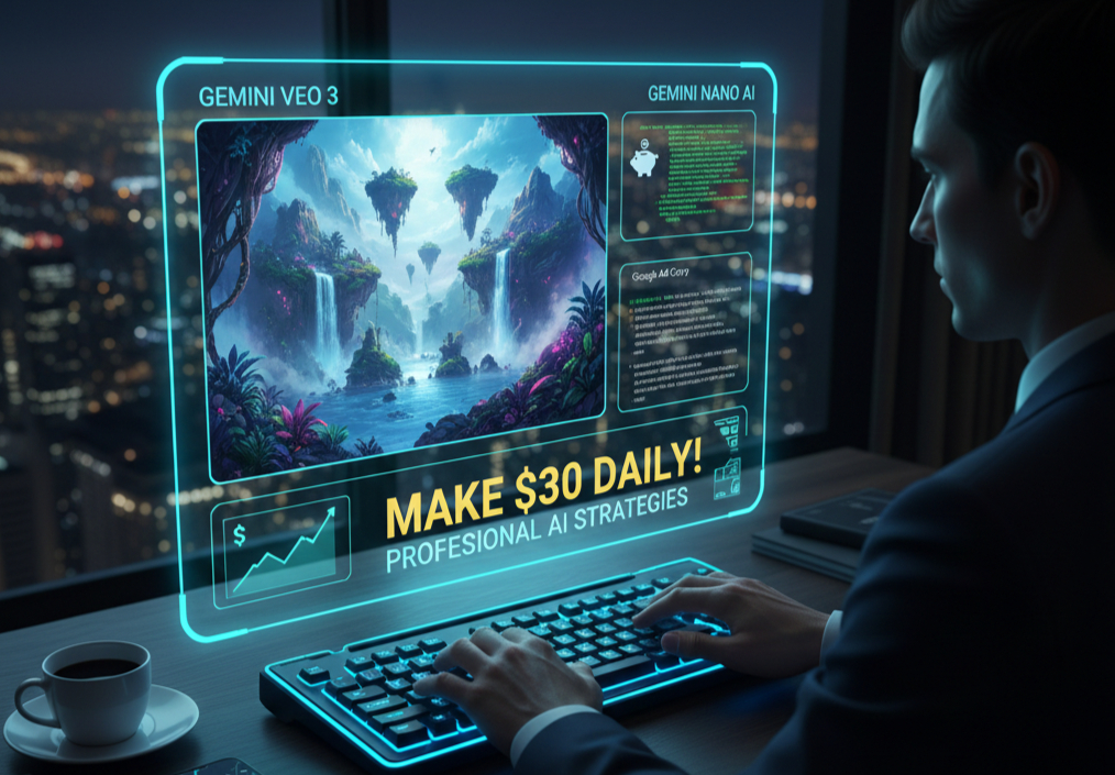 A professional digital workspace showing a person using Gemini Veo 3 and Nano AI to create cinematic graphics and monitor daily earnings of $30 through AI strategies.