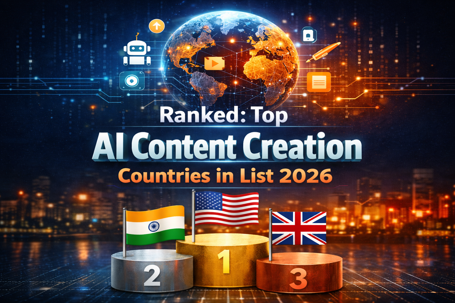 Ranked Top AI Content Creation Countries in List 2026 infographic showing United States, India, and United Kingdom leading global AI-driven content production.