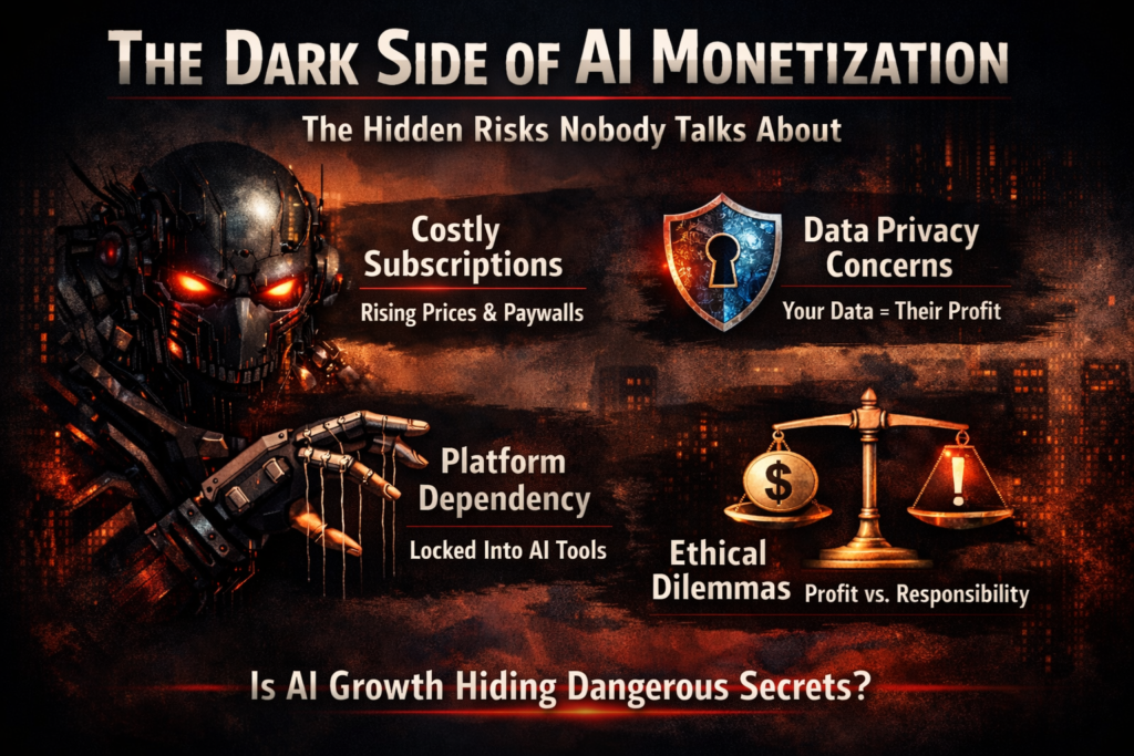 The Dark Side of AI Monetization infographic showing subscription risks, data privacy concerns, platform dependency, and ethical dilemmas in 2026