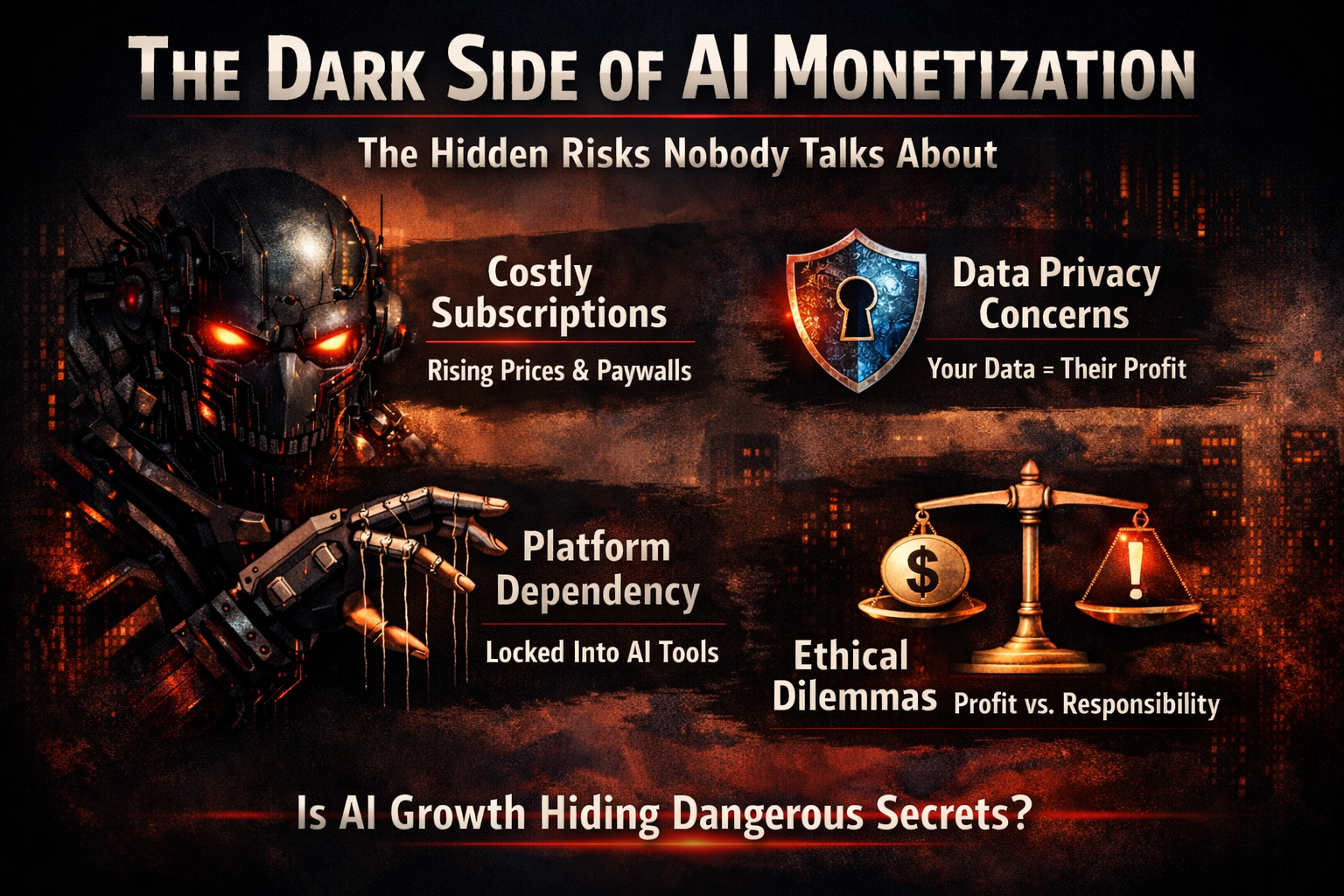 The Dark Side of AI Monetization infographic showing subscription risks, data privacy concerns, platform dependency, and ethical dilemmas in 2026