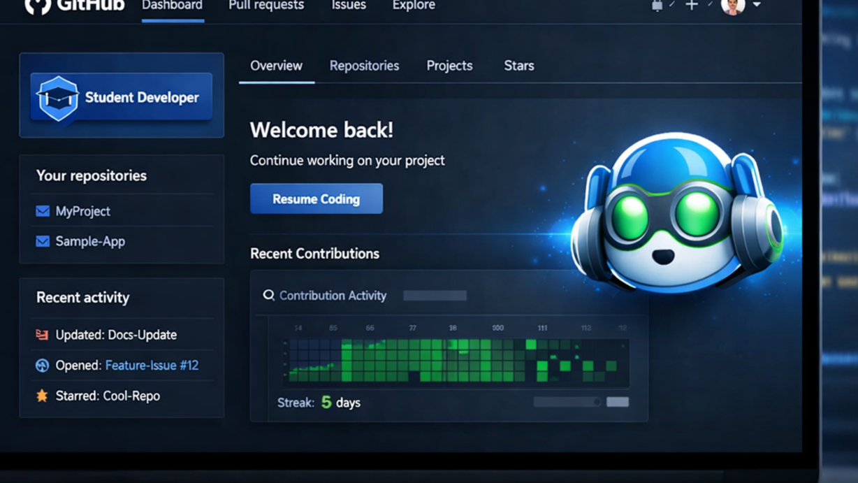 GitHub education benefits dashboard showing student pack features and free GitHub Copilot access in 2026