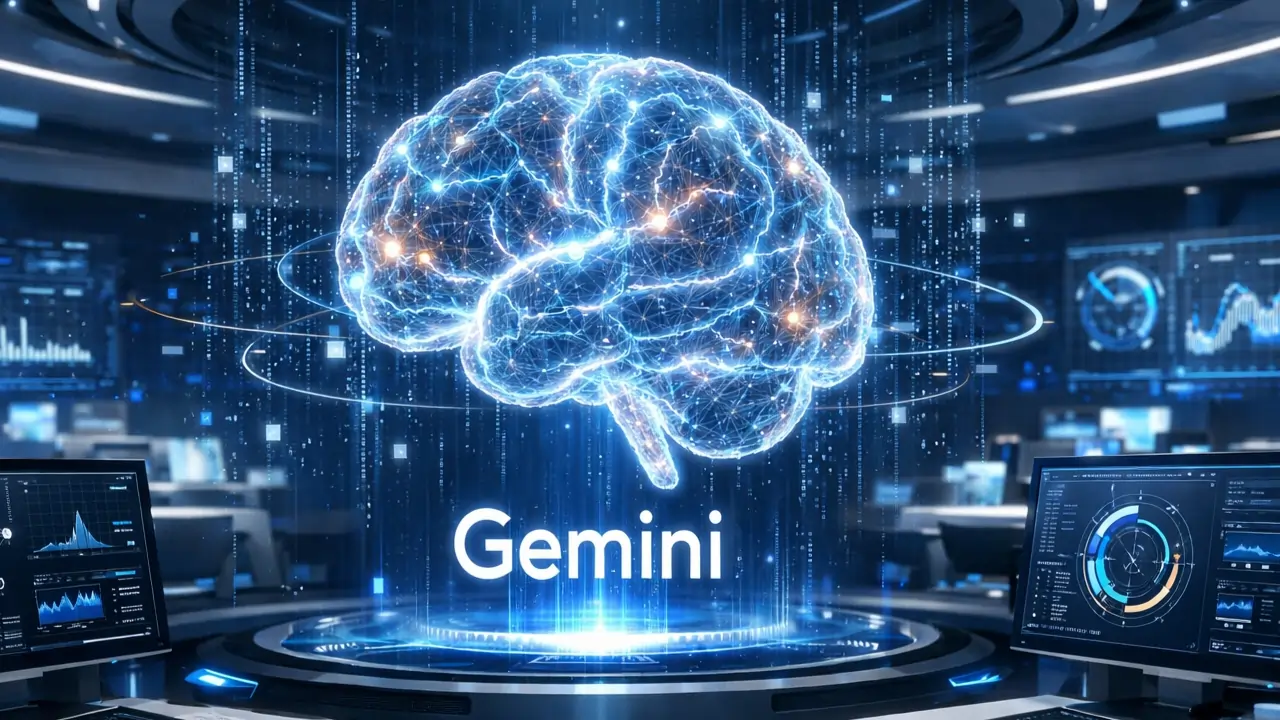 Vibrant digital illustration of a glowing futuristic AI brain representing Google Gemini, surrounded by icons for text, video, voice, and seamless app integrations like Gmail and YouTube.