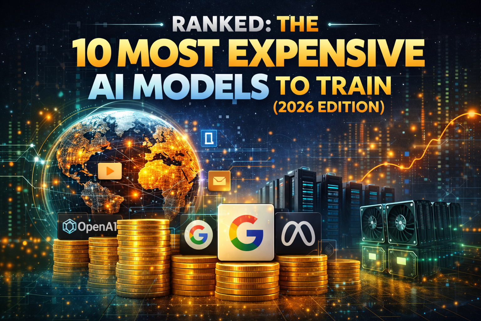 Infographic showing the 10 most expensive AI models to train in 2026 including GPT-5, Gemini Ultra 2, and LLaMA 4 with estimated billion-dollar training costs