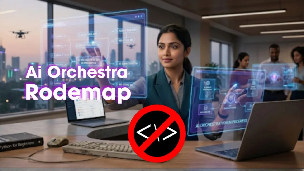 A futuristic 2026 workspace showing a professional orchestrating AI agents via holographic displays, with a dusty 'Python for Beginners' book in the background symbolizing the shift from manual coding to AI orchestration.