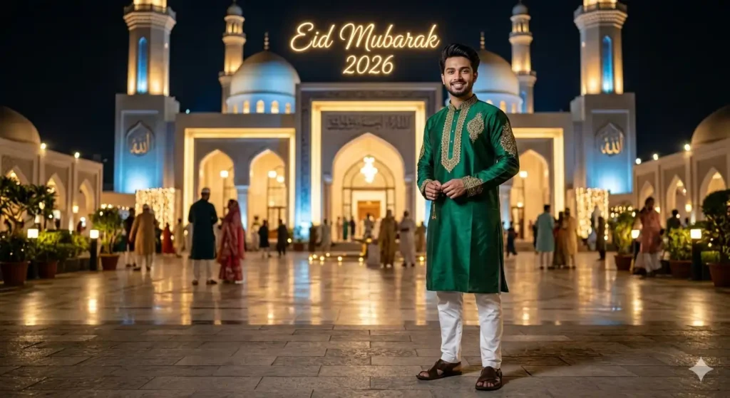 A realistic 3D render of a young man in navy blue Panjabi near a mosque generated by Eid Mubarak Google Gemini AI Photo Editing Prompts.