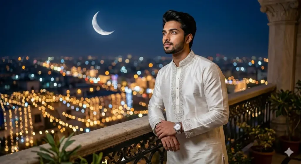 Eid Mubarak Gemini Photo Editing Prompt example showing AI generated Eid portrait with mosque background and lantern lights