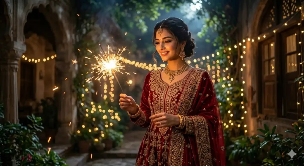 A realistic portrait of a woman in a red Anarkali holding sparklers, a result of Eid Mubarak Google Gemini AI Photo Editing Prompts.