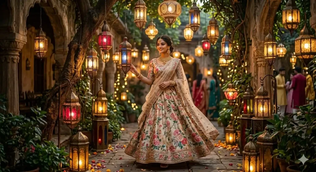 A woman in a floral lehenga walking through a garden of lanterns, generated using Eid Mubarak Google Gemini AI Photo Editing Prompts