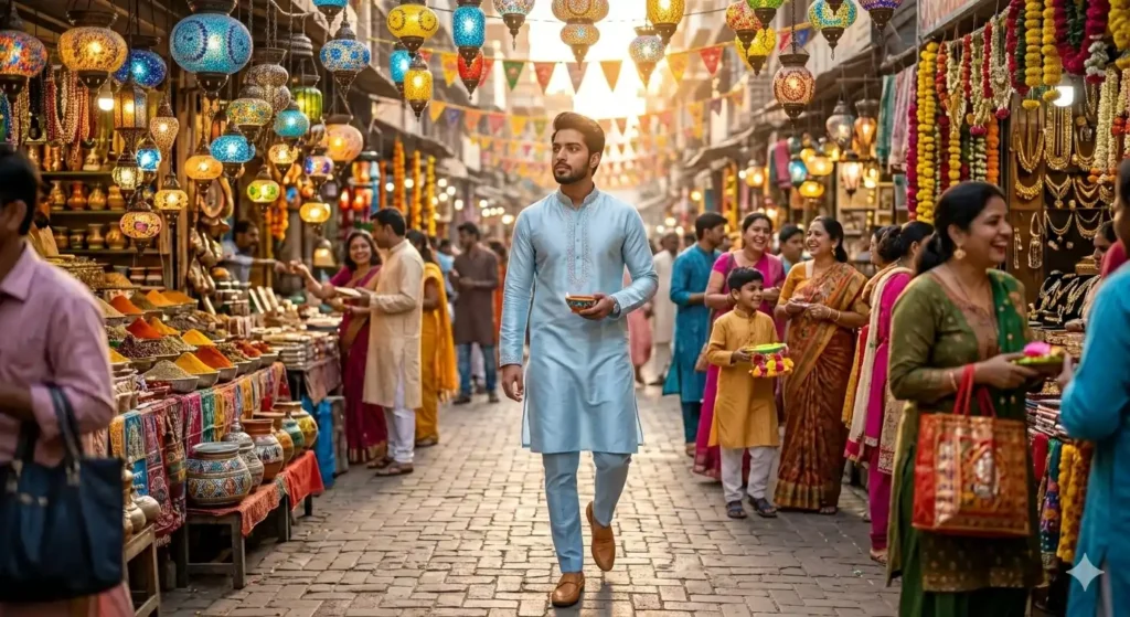 A stylish man walking through a festive market, a high-quality example of Eid Mubarak Google Gemini AI Photo Editing Prompts.
