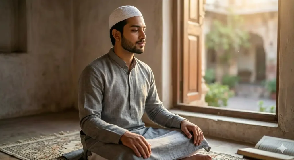 A serene close-up of a man on a prayer mat in golden sunlight created with Eid Mubarak Google Gemini AI Photo Editing Prompts.