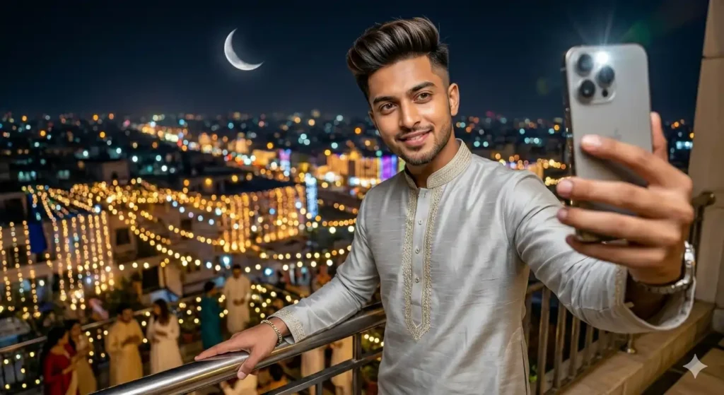 A sharp modern selfie of a young man in a light grey ethnic outfit on a balcony with city lights, generated by Eid Mubarak Google Gemini AI Photo Editing Prompts.