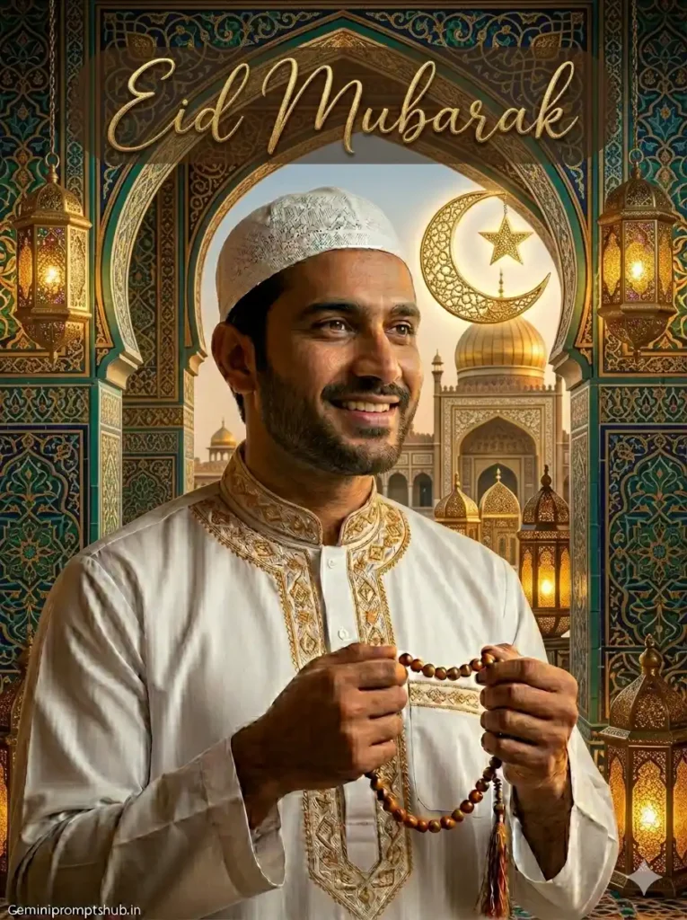 Traditional Eid portrait example created using Eid Mubarak Gemini Photo Editing Prompt with mosque background and lantern lighting