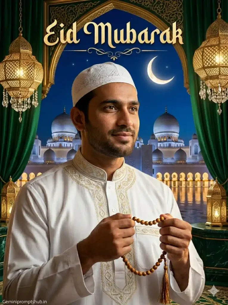 Stylish Eid WhatsApp DP portrait generated using Eid Mubarak Gemini Photo Editing Prompt with glowing crescent moon