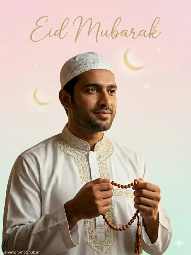 Festive Eid celebration portrait example generated with Eid Mubarak Gemini Photo Editing Prompt and lantern lights