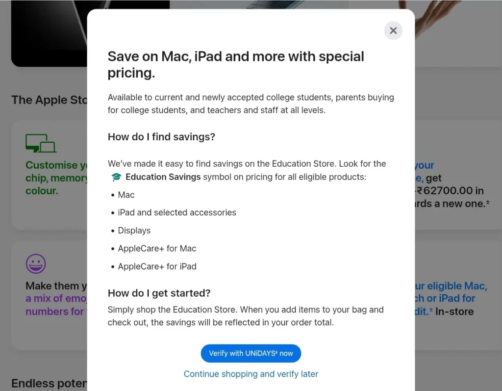 MacBook Neo Student Discount UNiDAYS student verification screen