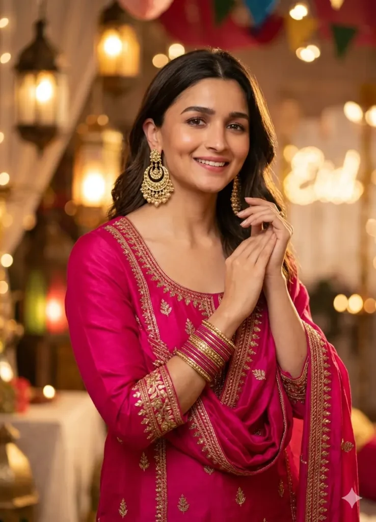 eid ai prompts 2026 woman sharara festive look, alia bhatt eid Mubarak photo 2026