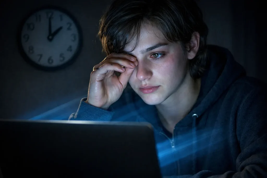 person using laptop at night showing eye strain and screen exposure