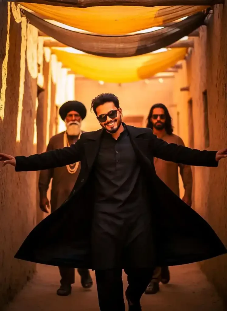 cinematic Dhurandhar Akshaye Khanna Gemini look with confident man walking in desert corridor, black outfit, sunglasses, golden light, ultra realistic AI image