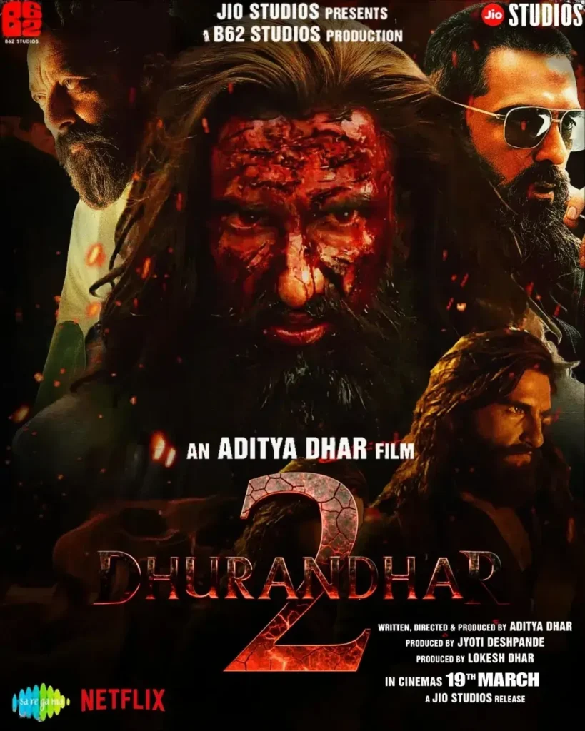 Dhurandhar 2 movie poster AI prompt cinematic action poster fiery text intense character dark background ultra realistic