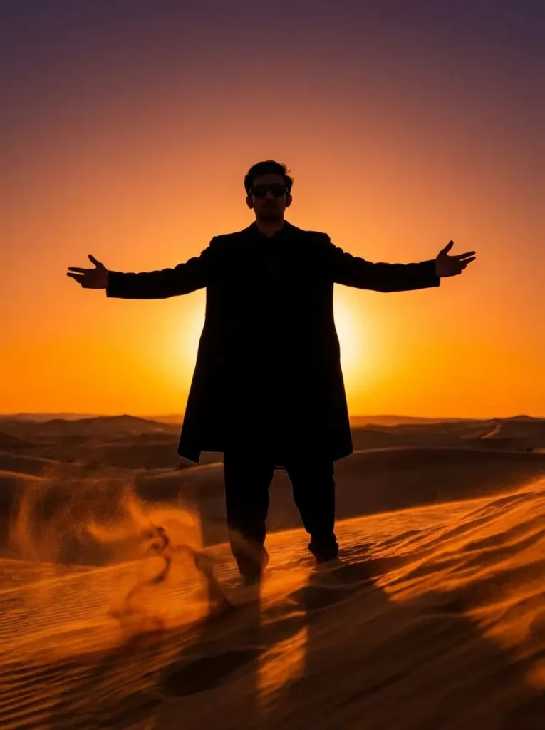 cinematic Dhurandhar AI look full body man black outfit desert village doorway golden light ultra realistic image