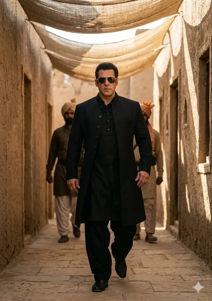 cinematic Dhurandhar Akshaye Khanna Gemini look with confident man walking in desert corridor, black outfit, sunglasses, golden light, ultra realistic AI image, Salman Khan Dhurandar image,