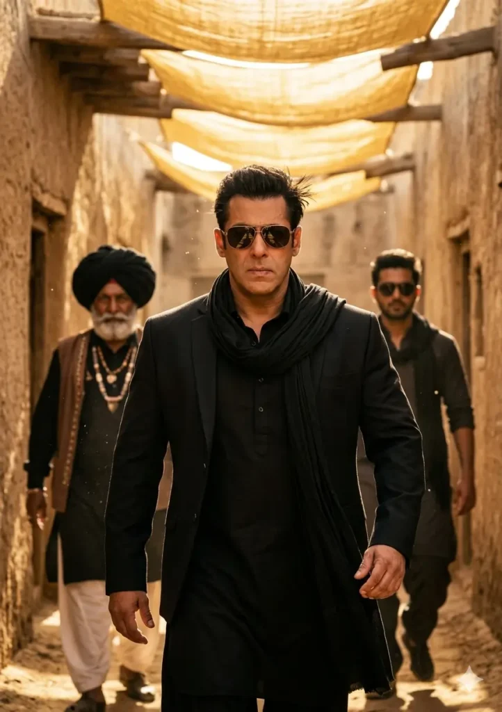 cinematic Dhurandhar Akshaye Khanna Gemini look with confident man walking in desert corridor, black outfit, sunglasses, golden light, ultra realistic AI image, Salman Khan Dhurandar image,