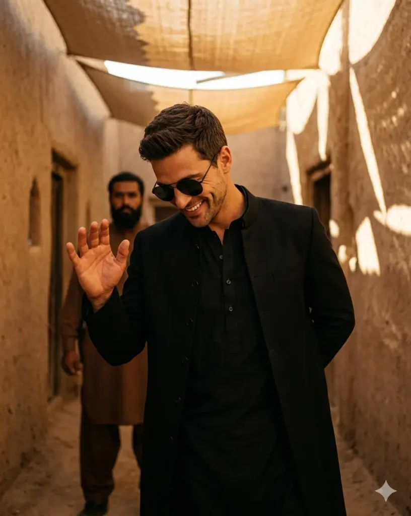 cinematic Dhurandhar Akshaye Khanna Gemini dance pose with man in black outfit, sunglasses, hand gesture, golden desert lighting, ultra realistic AI image