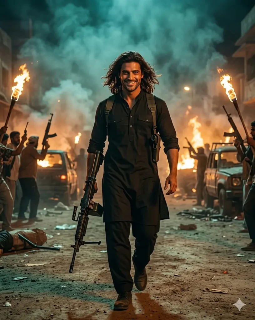 Dhurandhar 2 movie poster AI prompt cinematic action poster fiery text intense character dark background ultra realistic