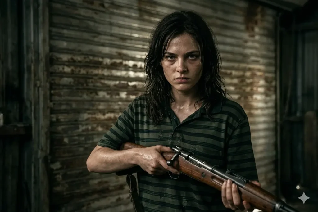 cinematic female action character rugged woman rifle industrial background dramatic lighting gritty realistic AI image