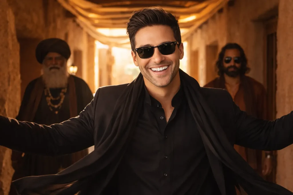 Rehman Dakait Dhurandhar Akshaye Khanna Gemini cinematic open arms pose desert corridor golden lighting ultra realistic AI image