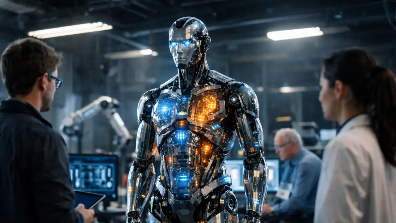 Humanoid robot powered by physical AI working in a futuristic technology lab.