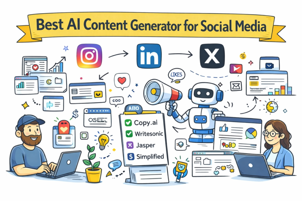 Best AI content generator for social media in 2026 showing tools for Instagram, LinkedIn and X to create posts, captions and marketing content, Free AI Content Generator.