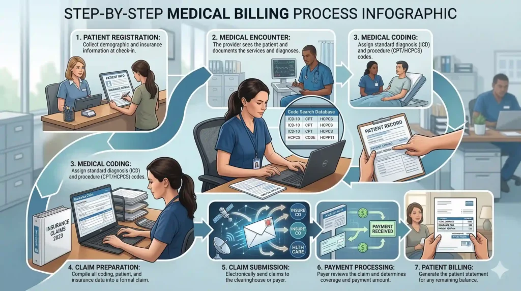 medical billing specialist working on computer with patient records and healthcare billing software in hospital administration office realistic photography style 16:9