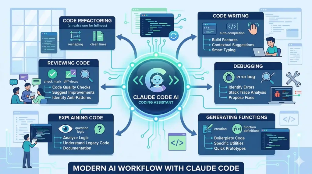 Claude Code AI workflow showing coding tasks like writing code, debugging, and explaining programming logic
