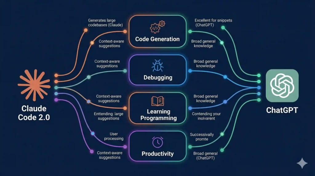 Claude Code 2.0 vs ChatGPT coding assistant comparison diagram