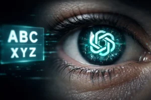 close-up human eye with AI digital interface and glowing iris representing ChatGPT vision analysis