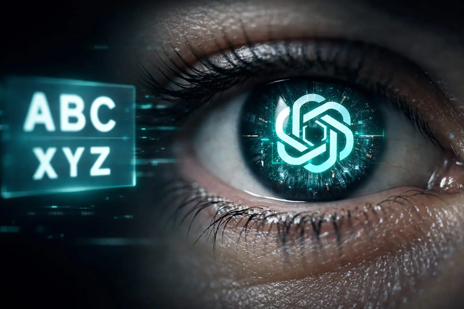 close-up human eye with AI digital interface and glowing iris representing ChatGPT vision analysis