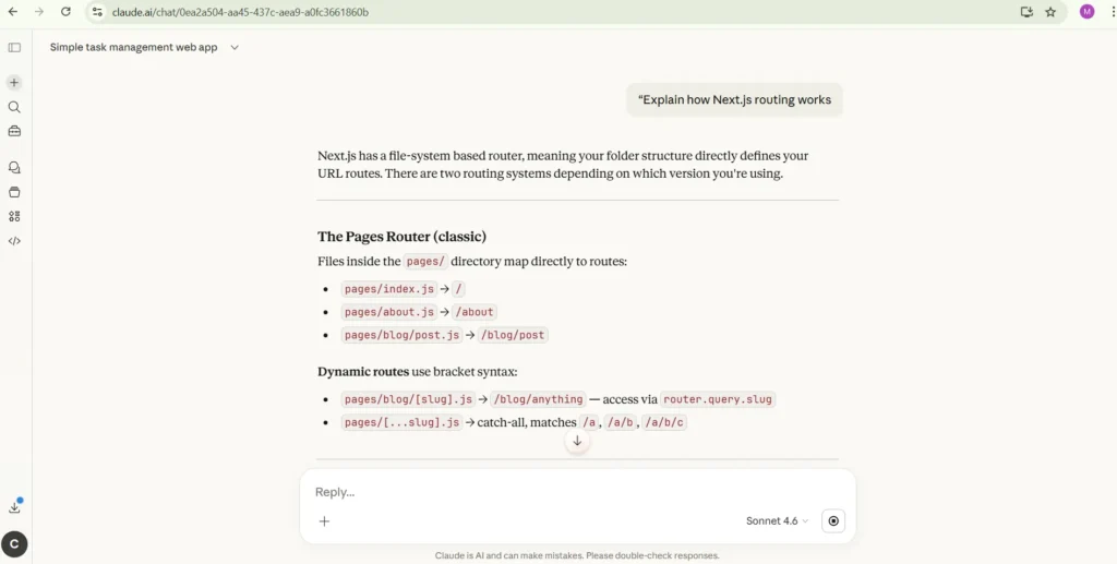 Claude Code explaining programming framework with example code