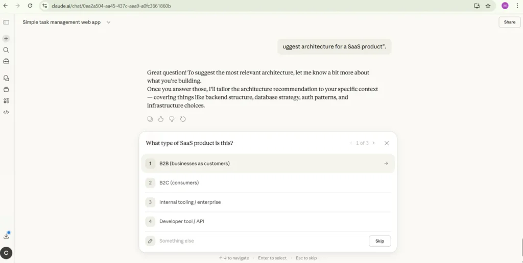 Claude Code suggesting software architecture and technical solutions