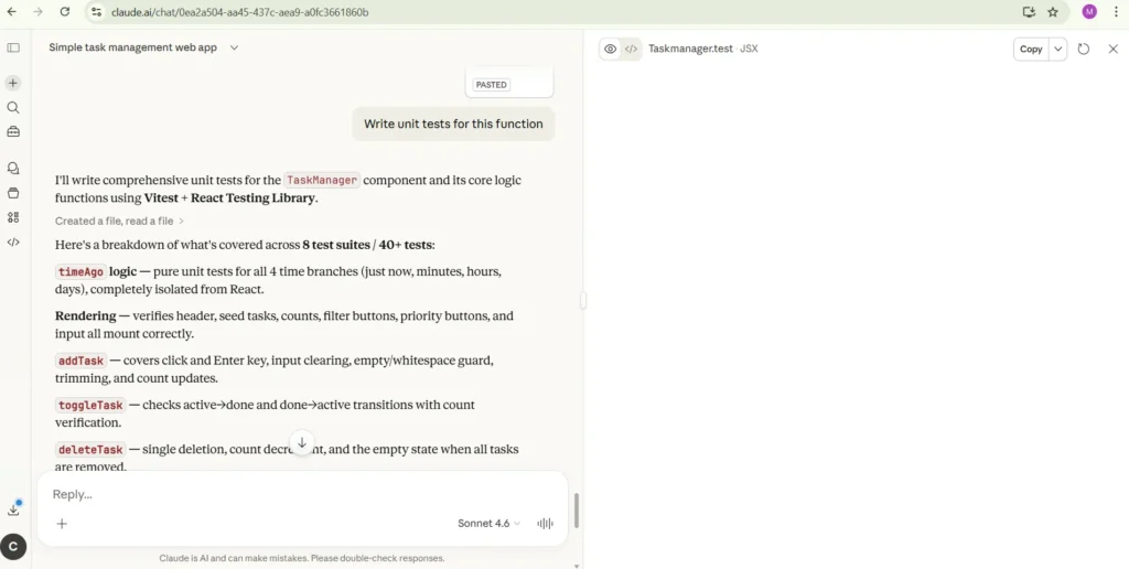 Claude Code generating automated unit tests for application code