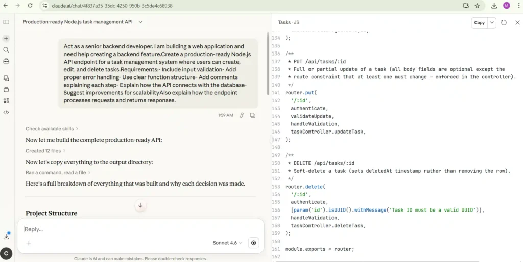 Claude Code generating a Node.js backend API feature with database logic and validation