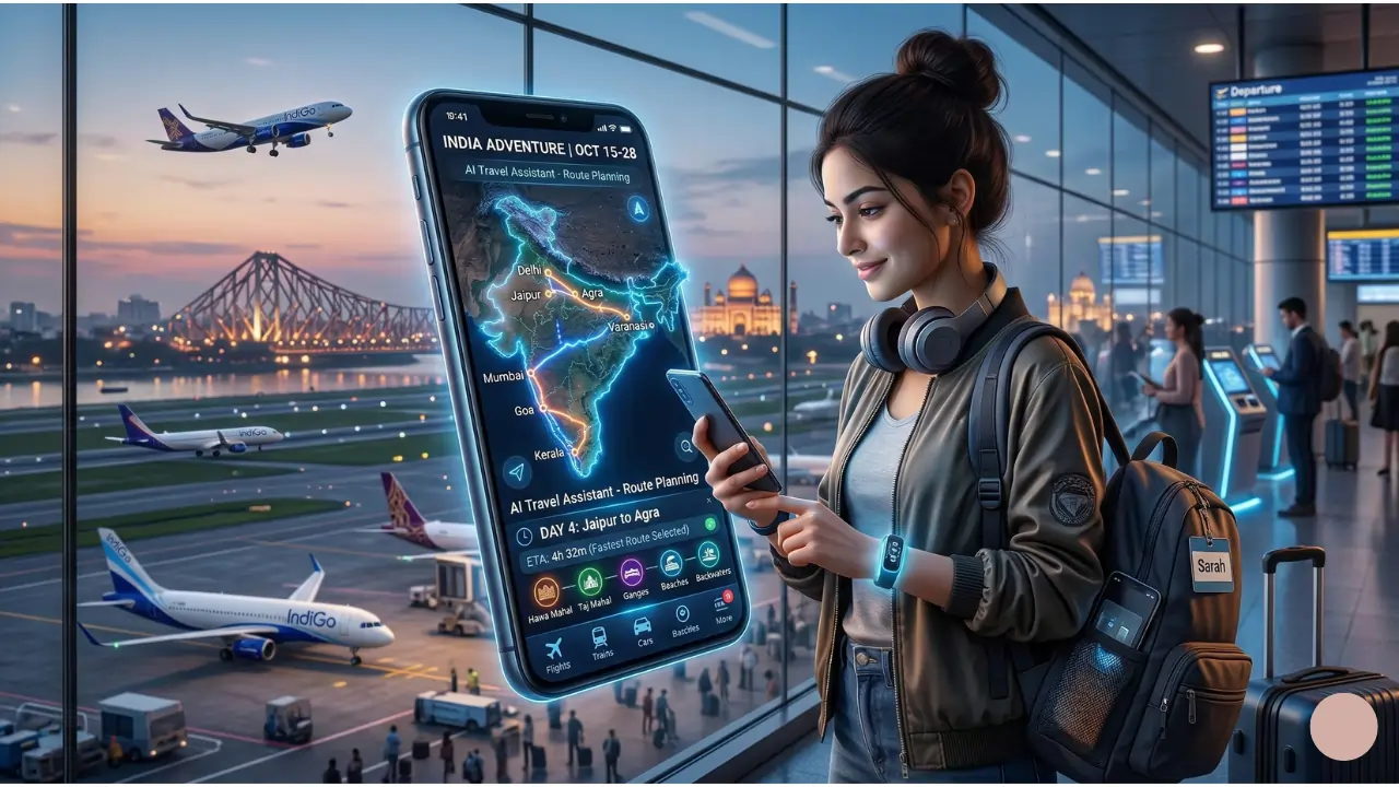 AI trip planner India futuristic travel planning interface on smartphone creating smart itinerary