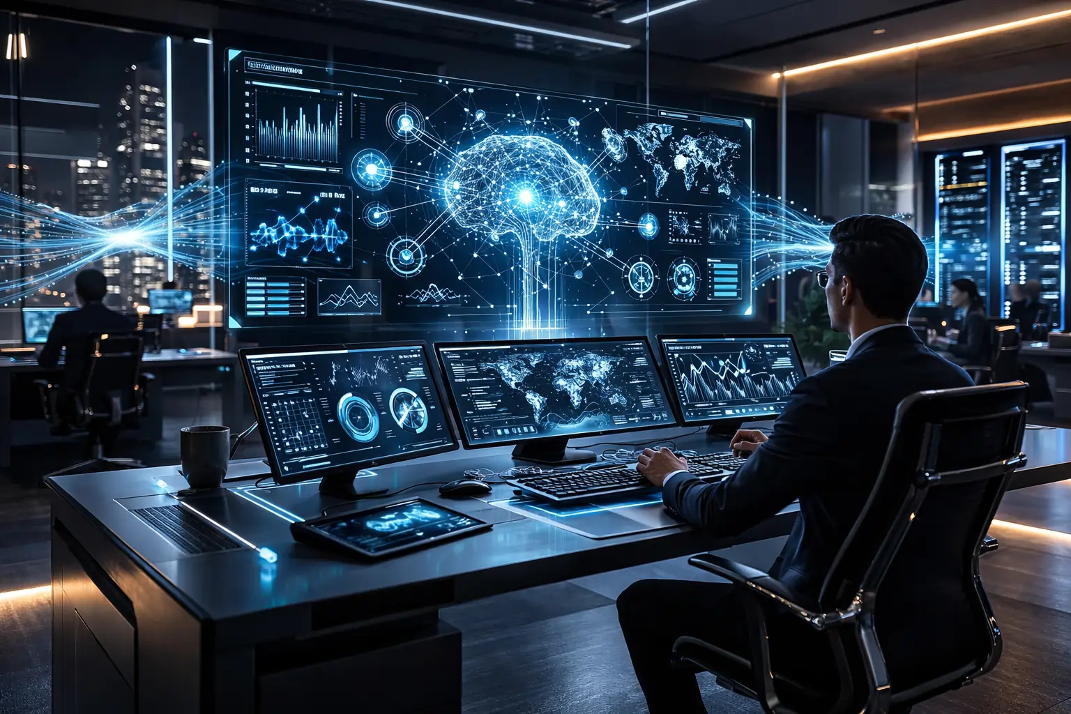 Agentic AI systems in 2026 showing autonomous decision-making dashboard Future of agentic AI 2026 with multi-agent collaboration interface Enterprise agentic AI automation system visualized in 2026 Autonomous AI agent planning and executing tasks in real-time