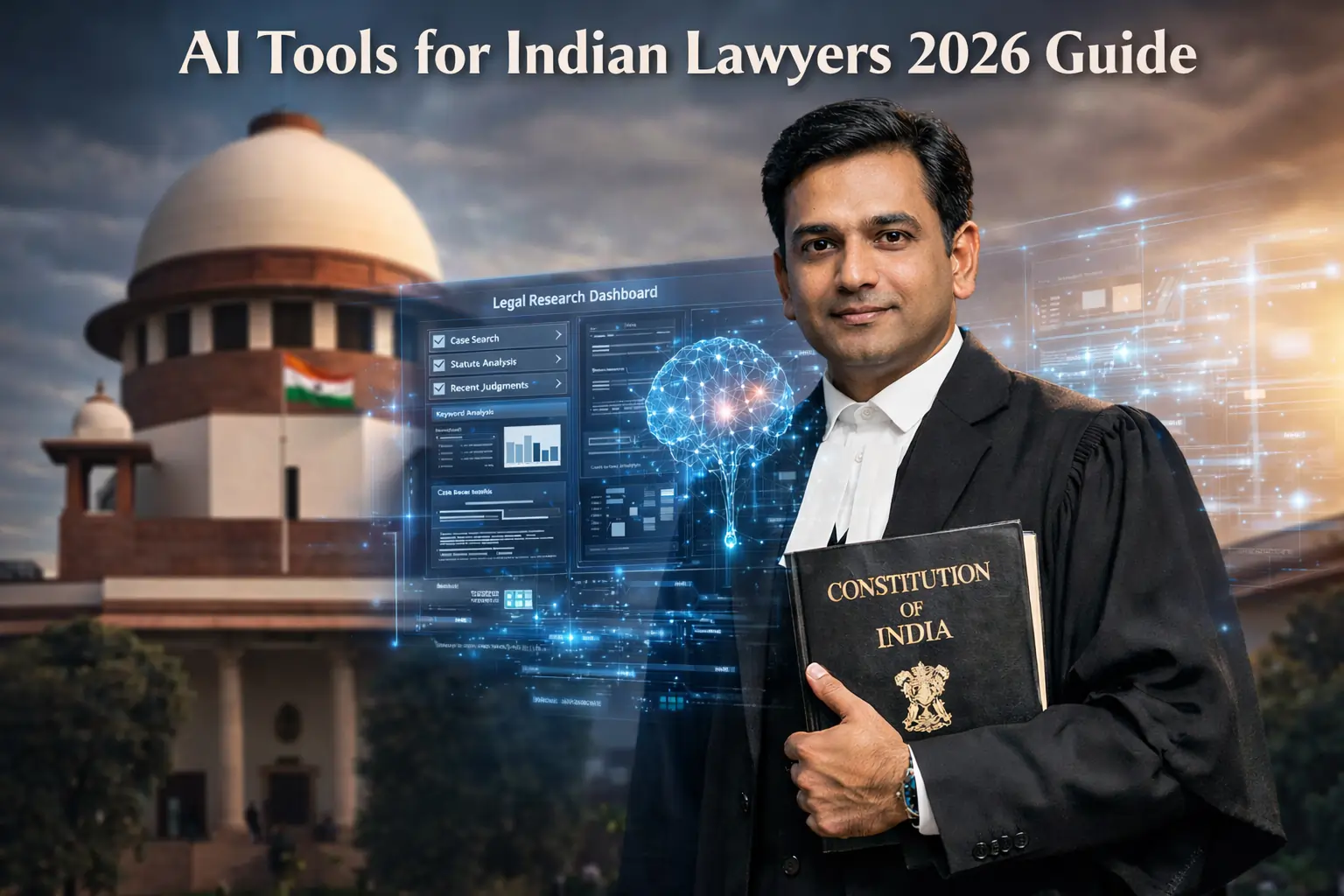 AI tools for Indian lawyers concept with Indian lawyer and Constitution of India book Professional Indian advocate using AI tools for Indian lawyers legal research AI tools for Indian lawyers 2026 guide with Supreme Court and digital legal interface Modern law office showing AI tools for Indian lawyers and legal technology AI tools for Indian lawyers dashboard with Constitution of India on desk