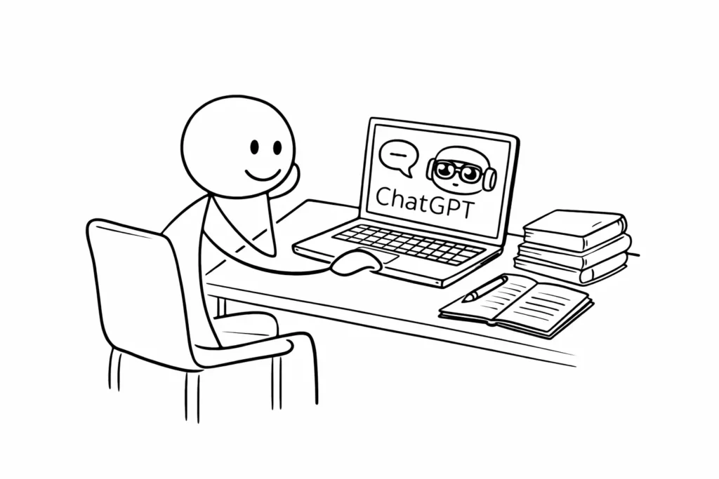 Stick figure student studying with laptop and ChatGPT AI assistant simple line art, how to use chatgpt for study