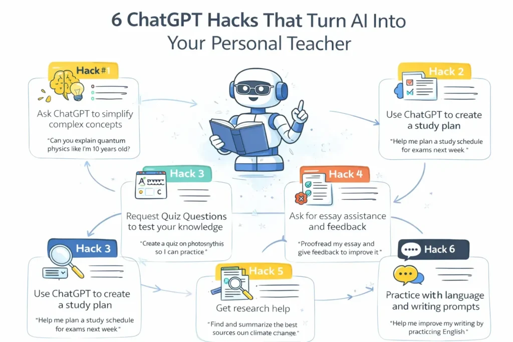 ChatGPT hacks flow chart showing 6 smart ways to use ChatGPT as a personal teacher